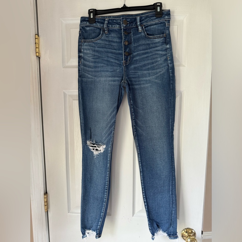 American Eagle Outfitters High Rise Distressed Skinny Jeans - Medium Blue